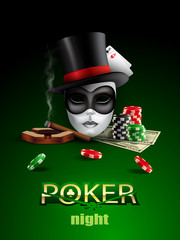 Poker casino poster with mask, chips, cards and cigar.