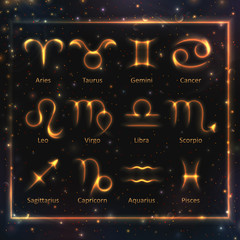 VECTOR eps 10. Glowing Golden Astrology 12 Zodiac Signs. 