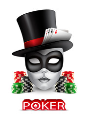 Poker casino poster with mask, chips and cards.
