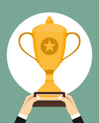 Male hands holding winner's cup. Winner trophy awards. Trophy cup flat icon. Winner cup vector illustration.