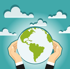 Globe icon with hands, vector illustration. Flat design style