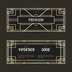 Set of two gift vouchers in Art Deco style. Gift card template. Coupon discount collection.Golden and black vouchers. Art Deco tickets.