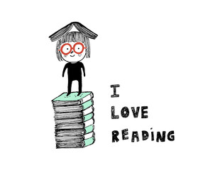 I love reading,a girl on top of a pile of books.Hand drawn vecto