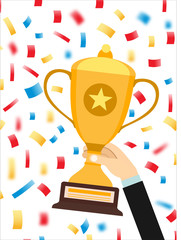 Hand holding a winner trophy cup in multi colored confetti concept vector illustration