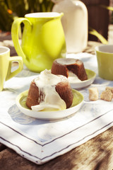 Chocolate souffle with confectioner's sugar