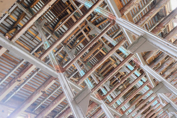 fragment of the interior beams in the ruined old shop