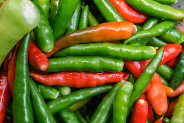 Red and green Fresh chilli peppers with top view