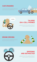 infographics banners collection with causes of car accidents, talk on a cell phone, drunk driving, speeding and distracted