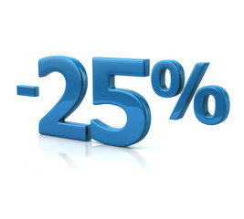3d illustration of twenty-five percent discount in blue letters on white background
