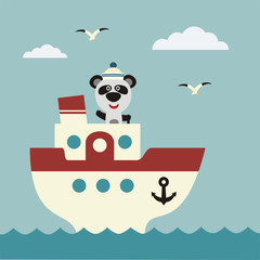 Fototapety  Śmieszna panda żeglarz na mostku statku. Ikona podróży morskiej.
