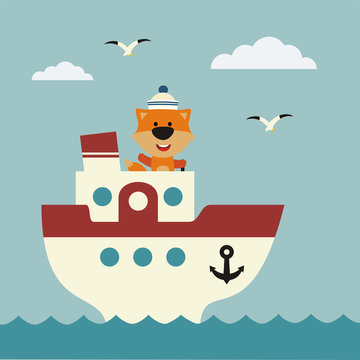 Funny fox sailor on bridge of ship. Icon sea travel.