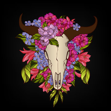 Bull skull decorated with flowers tattoo or t-shirt print concept
