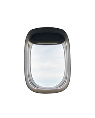 Closeup of the airplane window with the clouds sky isolated on white background.