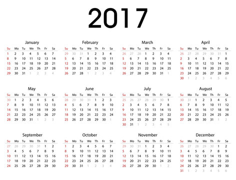 Simple 2017 calendar template for commercial and private use - week starting with Monday