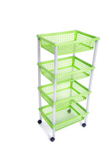 Green bin rack shelf with wheels isolated on white