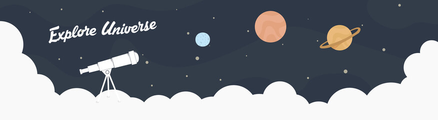 Exploring Universe flat illustration. Telescope on clouds observing space © alkov
