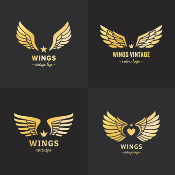 Gold wings logo vector set. Vintage hipster design. Part one.