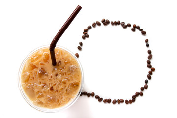 Iced coffee with straw in plastic cup on white background  
