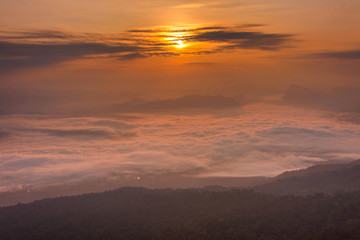 Layer of mountains in the mist at sunrise time at Phu Kradueng National Park, Thailand