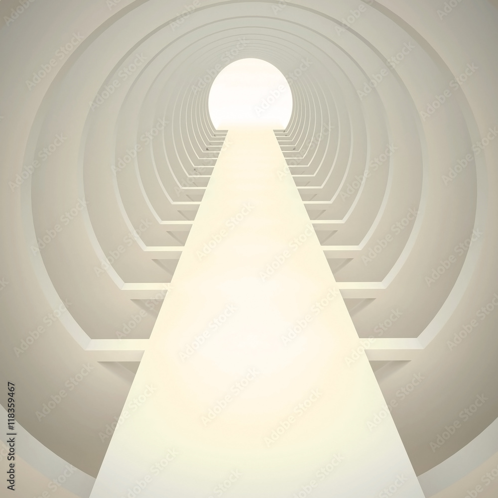 Poster 3d illustration. the white interior of not an existing building. round tunnel of repetitive circular