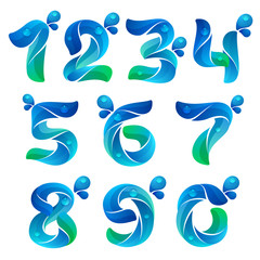 Numbers set logos with water waves and drops.