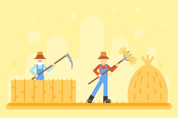 Autumn hay peasant harvestman harvest Icon Village Hills Field Landscape Background Flat Design Vector Illustration © alestraza