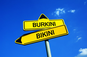 Burkini vs Bikini - Traffic sign with two options - classical swimsuit versus bathing clothes for muslim women and girls. Modest covering of body during swimming on beach or in pool