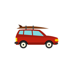 Red car with surfboard icon in flat style on a white background