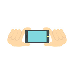Hands holding a phone as for a selfie, blank screen icon in flat style on a white background