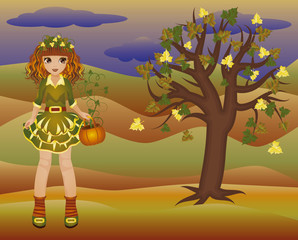 Fototapeta na wymiar Little autumn girl and seasons tree, vector illustration