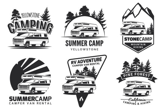 Set of monochrome camper van car logo, emblems and badges.