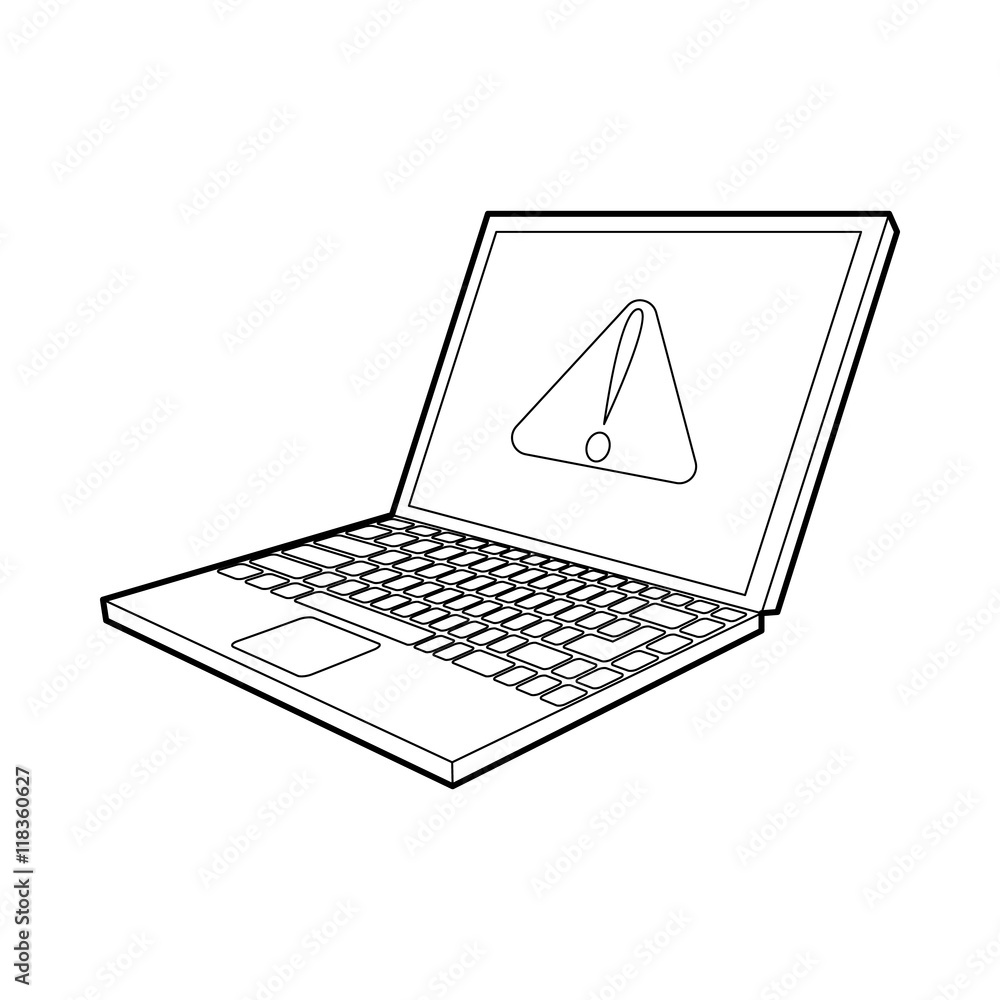 Poster laptop with a warning signal icon in outline style on a white background
