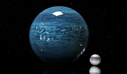 3d illustration of Neptune's moons and star. Elements of this im © tussik