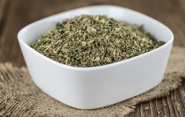 Portion of Stevia Leaves (dried, close-up shot)