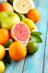 Citrus fruits on a blue wooden table