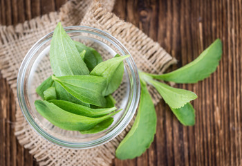 Some fresh Stevia leaves (selective focus)