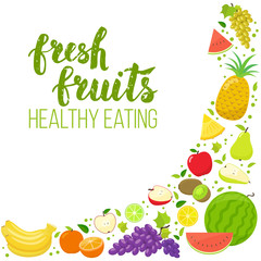 Corner frame of colorful fruits isolated on white background. Handwritten lettering, organic food. Vector stock illustration.