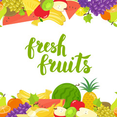Seamless horizontal borders of colorful cartoon fruits on a white background. Vector stock illustration.