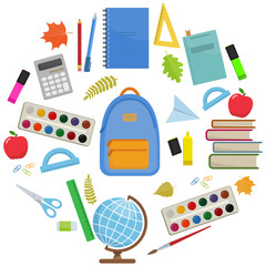 Set of colorful items for education. Circle shape template. Vector stock illustration.