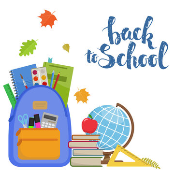 Set of different items for education. Back to school  lettering. Vector stock illustration.