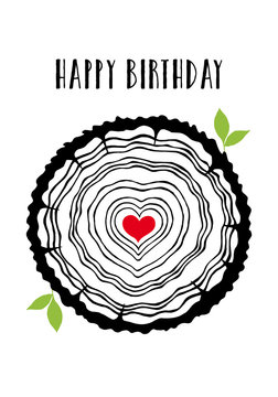 Birthday Card With Heart Tree Rings, Vector