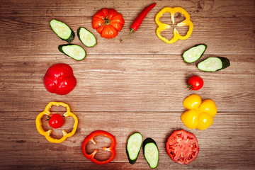 Organic healthy food background. fresh, delicious vegetables. Horizontal. Copy space at center.