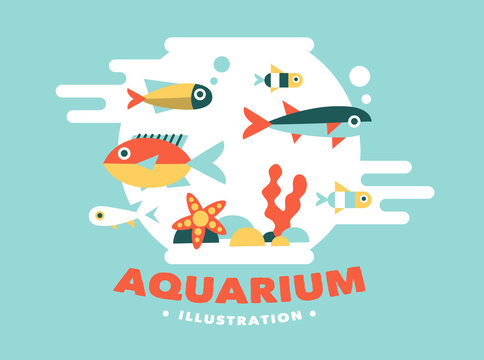 illustration aquarium with fish, flat style