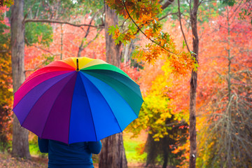 Woman standing under colorful umbrella