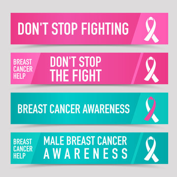 Breast cancer awareness - vector pink and blue set of banners. Don't stop fighting - labels with symbolic ribbon