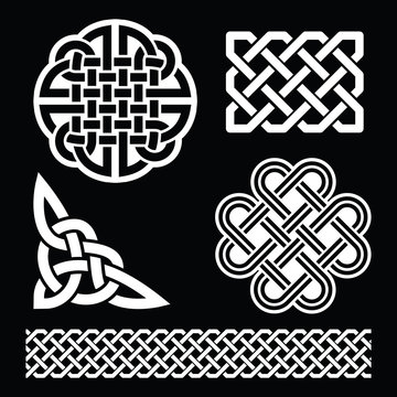 Celtic white knots, braids and patterns on black background - St Patrick's Day