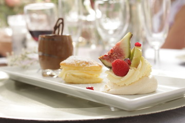delicious dessert on a long plate