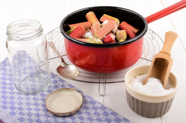 rhubarb cut small in a pot to make jam