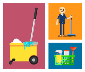 Cleaning tools icon set flat vector illustration