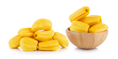 Ripe Jackfruit in the wood bowl isolated on white background